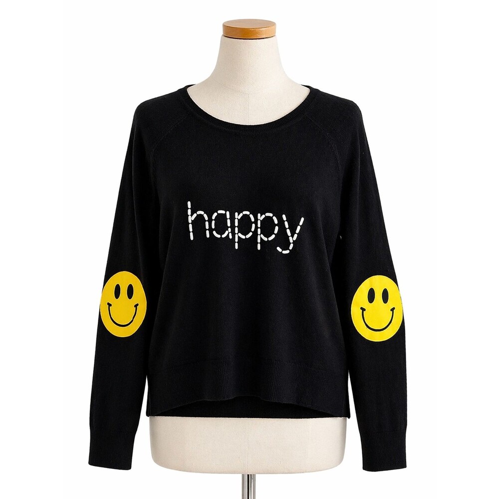 HipChik Couture Happy Knit Top Sweater Size Small Black Smiley Face Smile